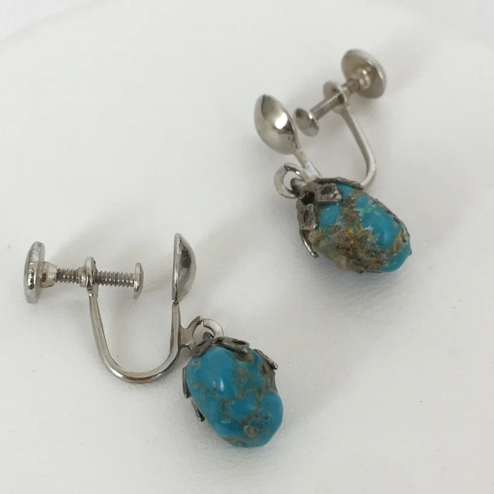 Vintage Screw Back Blue Moon Turquoise Dangle Earrings Silver Tone Filigree